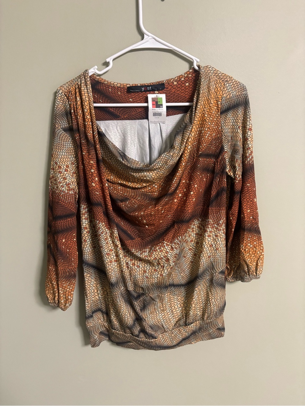 Yest Cowl Neck Blouse Top Size Small Earth Tone Reptile Boho Indie Sleaze New